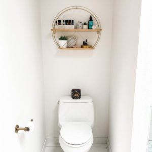 toilet with a beautiful shelf behind